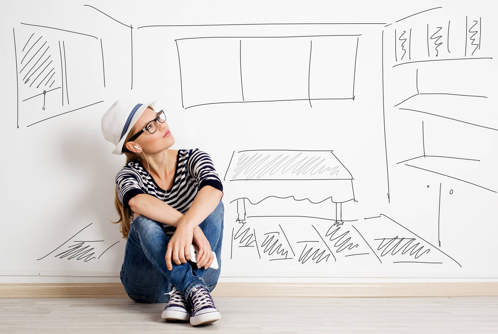 Dreaming woman in headset over drawn living room background