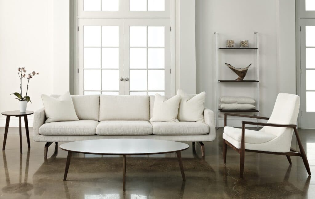 Mid-century modern Nash sofa and Aaron chair in white leather