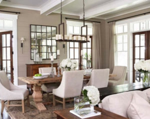 Traditional room with linen chairs and wood table